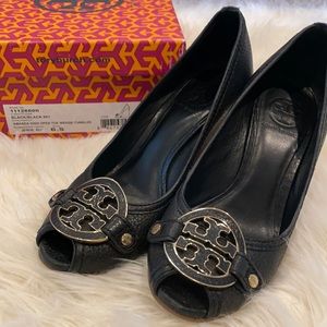 Tory Burch Leather Wedge Open Toe Heels